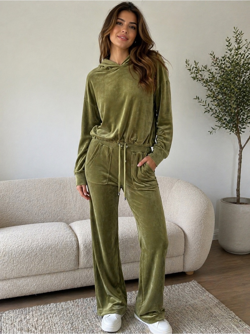 Cable & Gauge Olive Green Velour Hoodie Set